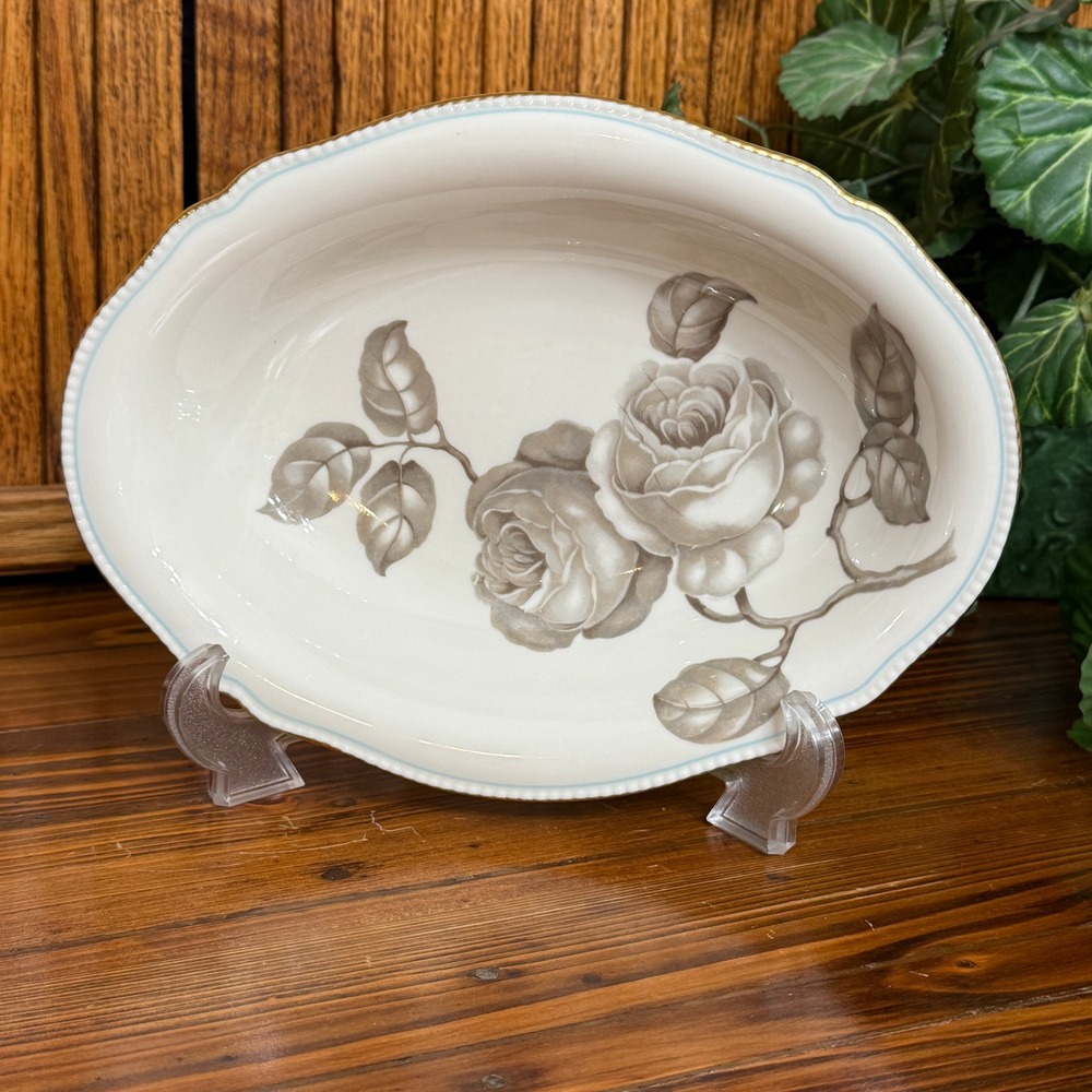 Castleton China Gloria Vegetable Bowl Oval 10.75" White Grey Rose Gold Trim Good